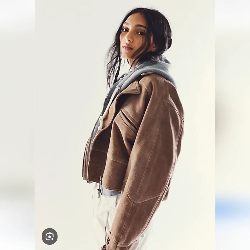Free People Brown Suede Cropped Leather Jacket with Gray Hooded Liner